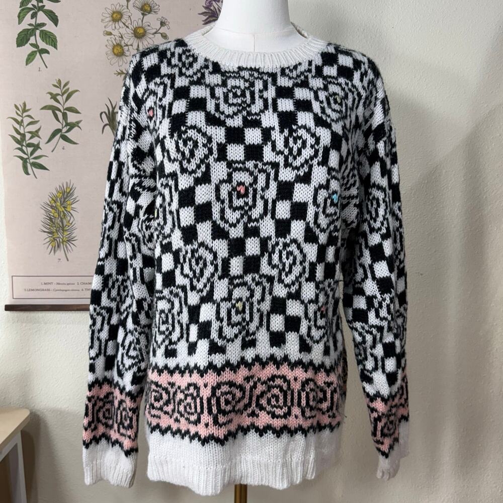 Vintage 80s 90s Checkered Floral Oversized Pullover Sweater Retro Whimsy Twee S